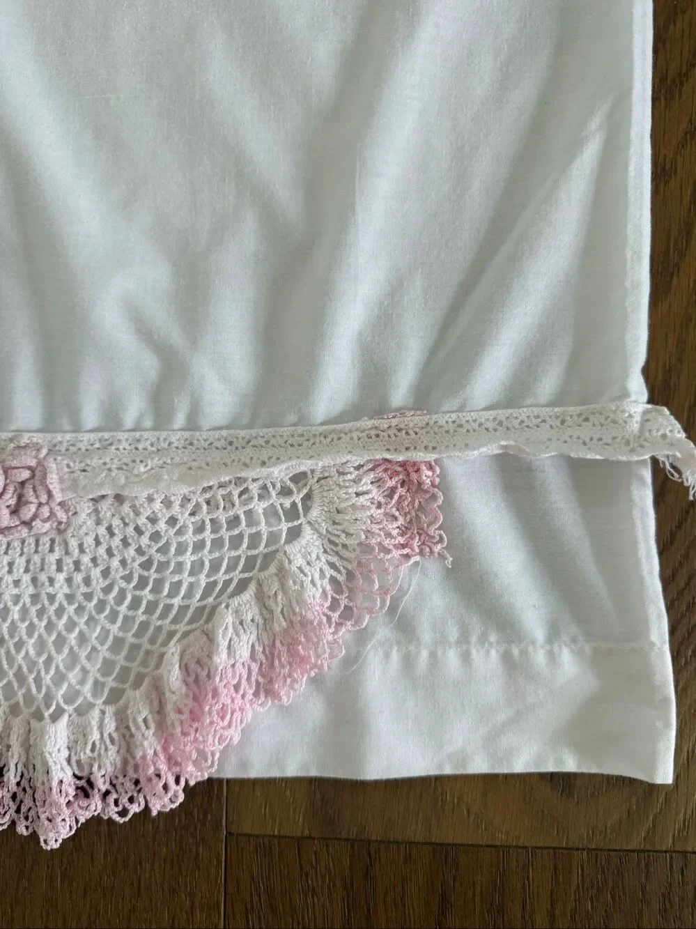 Vintage Queen Size Pillowcase Ivory Pink Crochet Lace Trim